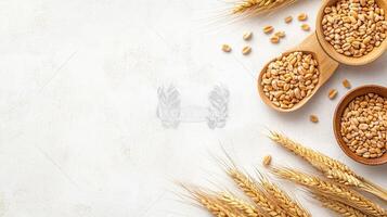 Wheat grains and stalks on white background. Concept of healthy food, agriculture, and harvest. photo