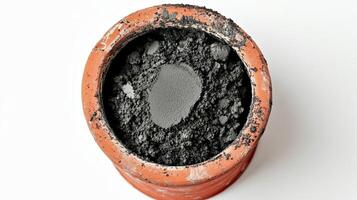 Ash in a clay pot. Concept of remains, remembrance, or end. photo