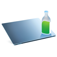 a bottle of liquid and a laptop on a transparent background png