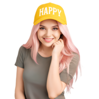 happy woman wearing a hat with happy written on it png