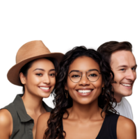 three people smiling and looking at the camera png