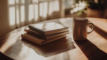 A coffee cup and books on a table photo