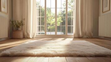 A room with a white rug and a window photo