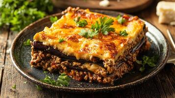 A plate of lasagna with cheese and vegetables photo