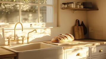 A kitchen with a sink, a counter and a window photo