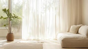 A living room with a white couch and a potted plant photo