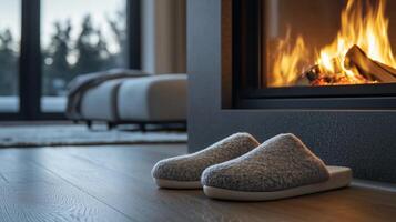 A pair of slippers sitting in front of a fireplace photo