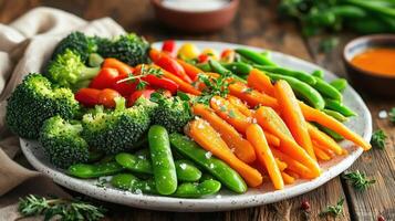 A plate of vegetables with broccoli, carrots, and other vegetables photo