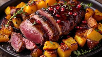 A plate of meat with pomegranate and potatoes photo