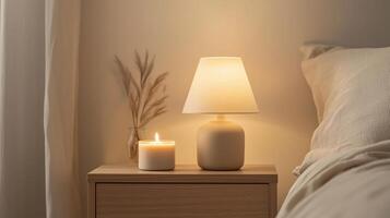A bedside table with a lamp and a candle photo