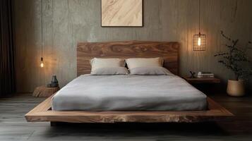 A modern bedroom with a wooden headboard photo