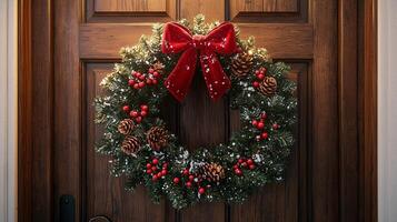 A wreath on a door with red bows photo