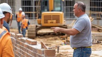 A man is standing next to a brick wall photo