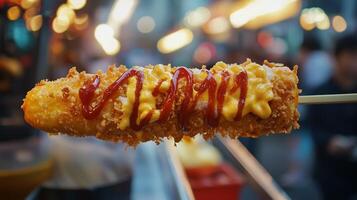 A fried food stick with ketchup and mustard on it photo
