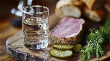 A glass of water and a slice of ham on a wooden board photo