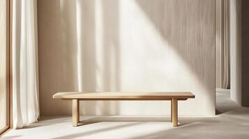 A wooden bench in a room with curtains photo