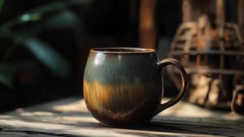 A brown and green mug sitting on a wooden table photo