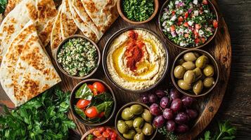 A variety of different foods are arranged on a wooden table photo