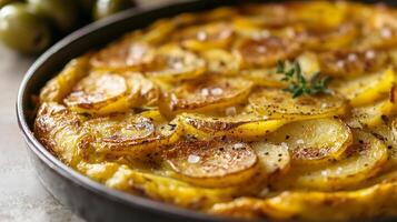 A baked potato dish with olives and herbs photo