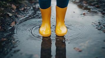 A person standing in a puddle wearing yellow rain boots photo