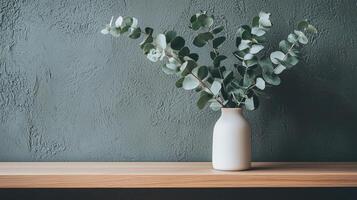 A white vase with eucalyptus leaves sitting on a shelf photo