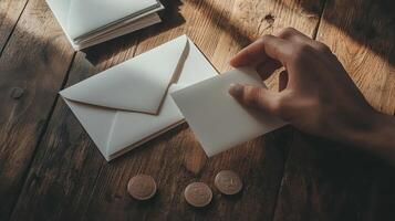 A person is holding an envelope with a white envelope on a wooden table photo