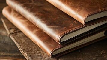 Three leather bound books on a wooden table photo