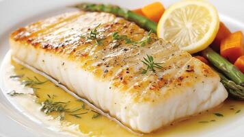 A white plate topped with fish and vegetables photo