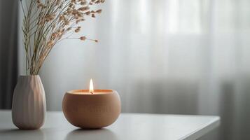 A candle and a vase of dried flowers sit on a table photo