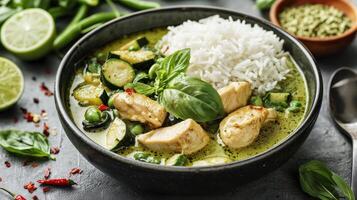 Green curry with chicken and vegetables in a bowl photo