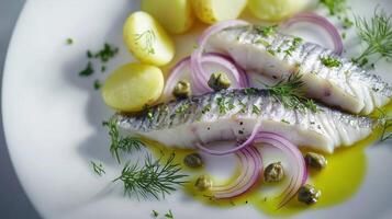 A plate with fish, potatoes and onions photo