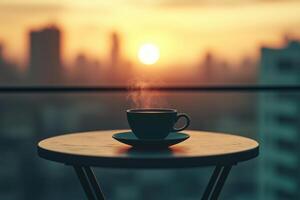 Coffee cup on table with cityscape background photo