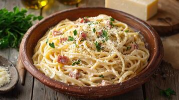 Spaghetti with ham and parmesan cheese photo