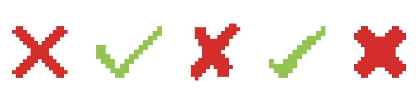 Green Checkmark and Red Cross Pixel Icon Set. Retro Style Check and Cross Symbols. Isolated Illustration vector