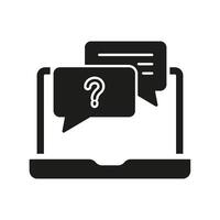 FAQ Chat on Laptop Silhouette Icon, Online Support and Customer Communication. Question and Answer in Speech Bubble Shape Glyph Symbol. Isolated Illustration vector