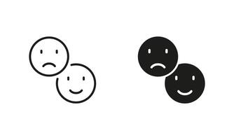 Negative and Positive Emoji Line and Silhouette Icon Set. Feedback Sign. Happy Smile and Sad Face Pictogram. Good and Unhappy Emoticon Symbol. Editable Stroke. Isolated Illustration vector