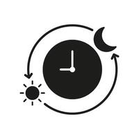 Clock With Day And Night Cycle Silhouette Icon. Circadian Rhythm With Sun And Moon Glyph Symbol. Day And Night Transition. Isolated Illustration vector