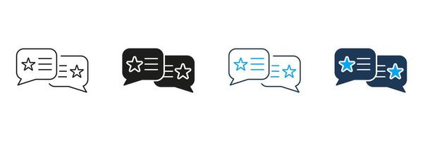 Customer Rating Line and Silhouette Icon Set. Dialog And Communication Pictogram. Feedback, Stars With Speech Bubble Symbol. Online Service Review Sign. Editable Stroke. Isolated Illustration vector