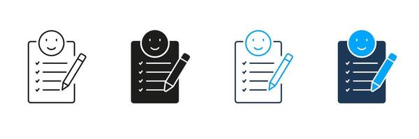 Document With Positive Emoticon Line and Silhouette Icon Set. Happy Client, Customer Satisfaction Pictogram. Agreement Confirmation Symbol. Editable Stroke. Isolated Illustration vector