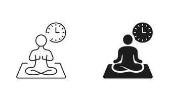 Yoga Time Line and Silhouette Icon Set. Clock and Person Sitting in Lotus Pose Symbol. Harmony, Mindfulness, Relax and Meditation Pictogram. Editable Stroke. Isolated Illustration vector