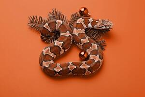 Snake in the form of number 2025 with Christmas tree toy balls with fir branches photo