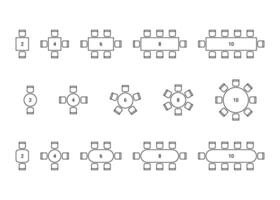 Set of plan for arranging place seats for guest in interior, layout graphic outline elements. Chairs and tables icons in scheme architectural plan. Office and home furniture, top view illustration vector