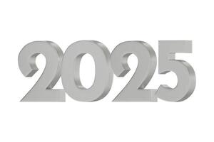3D numbers 2025 in a silver color. Design object for New Year greeting cards, advertising banners. Metal numbers are bold and sleek, and with sharp edges. 3D element isolated on white vector