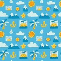 A blue and yellow pattern of mountains, suns, and clouds vector