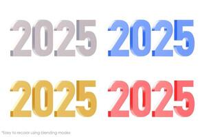Set of 3D elegant and modern numbers 2025. A variation of different colors. Easy to recolor using blending modes. New Year decorative element. illustration isolated on white background vector