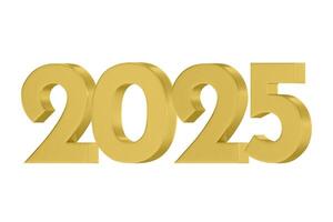 3D numbers 2025 in a gold color. Design object for New Year greeting cards, advertising banners. Metal numbers are bold and sleek, and with sharp edges. 3D element isolated on white vector