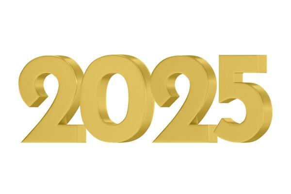 3D numbers 2025 in a gold color. Design object for New Year greeting cards, advertising banners. Metal numbers are bold and sleek, and with sharp edges. 3D element isolated on white