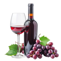 Red grapes wine bottle and glassed front view isolate on transparency background png