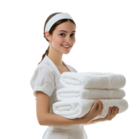 Young female chambermaid holding white towels side view isolate on transparency background png