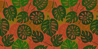 seamless floral pattern with monstera leaves on terracotta background vector